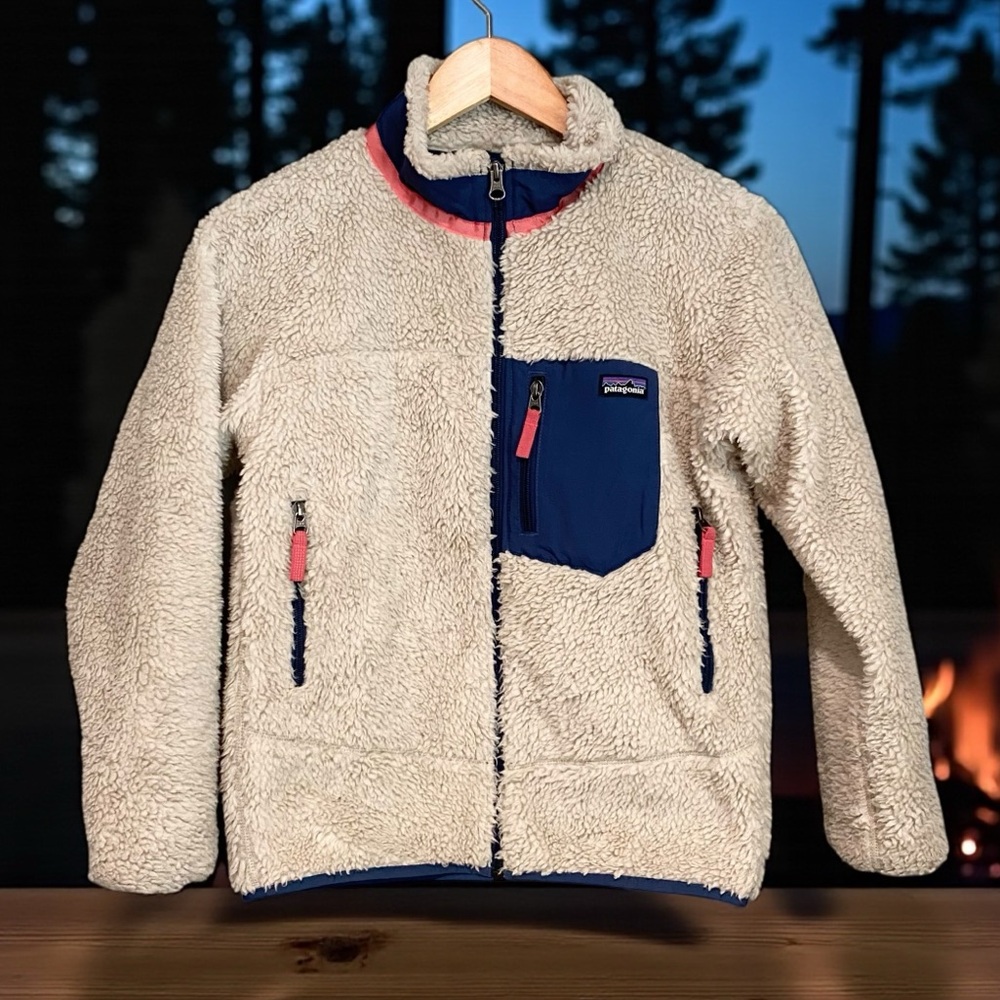 Patagonia Cream Sherpa Jacket with Navy and Pink Accents